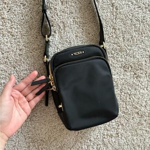 TUMI Voyageur Ruma Crossbody Nylon and Leather Bag in Black and Gold hardware